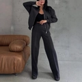 Women's black zip-up jacket and wide-leg trousers casual two-piece tracksuit set - S / 2 Piece Set (Jacket + Pants) / Black