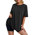 Detail view of oversized black cotton T-shirt featuring side slits and drop shoulder design - S / Black