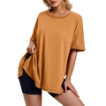 Detail of the side slit design on a loose ginger yellow cotton T-shirt for women - S / Dark Brown