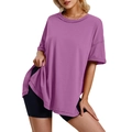 Detail view of oversized purple t-shirt featuring deep side slits and premium cotton fabric - S / Tops / Purple Grey