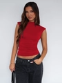 Detail of red mock neck sleeveless top showing elegant side ruching and slim fit design - XS / Red