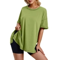 Detail view of the high side slit and relaxed fit on this avocado green cotton T-shirt - S / Tops / Green
