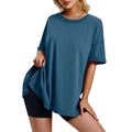 Detail of dark blue oversized cotton t-shirt with side slits and rolled-up sleeve design - S / Tops / Blue