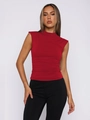 Detailed view of red ruched sleeveless mock neck top with elegant gathered fabric texture - S / Tops / Red