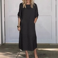 Détail d'une robe en coton et lin avec poches latérales et manches à boutons réglables - S / Noir