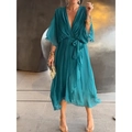 Peacock blue pleated V-neck dress with high waist tie and batwing sleeves detail - Lake Blue