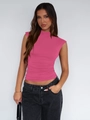Detail of slim fit sleeveless top with turtleneck and side ruching in bright pink color - XS / Rose Red