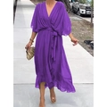 Detail of dark purple V-neck chiffon wrap dress with batwing sleeves and tied waist belt - Purple