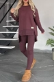 Women's lounge set in deep plum with side-slit long sleeve top and matching leggings - S / Top And Bottom / Red Brown