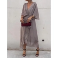 Detail of elegant V-neck wrap dress with batwing sleeves and ruffled asymmetric hemline - S / Dresses / Gray