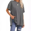 Women's loose dark gray cotton t-shirt with crew neck and side slits on white background - S / Tops / Gray