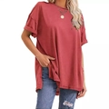 Oversized terracotta cotton T-shirt for women with side slits and rolled cuff sleeves - S / Tops / Red