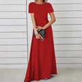 Women's casual solid red short sleeve crew neck maxi dress with straight silhouette - S / Red
