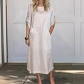 Robe longue minimaliste en coton et lin avec col rond et poches latérales beige - S / Blanc