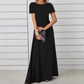 Elegant black crew neck short sleeve maxi dress with a slim fit for a versatile daily look - S / Black
