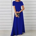 Royal blue short sleeve maxi dress with crew neck and elegant slim fit design - S / Blue