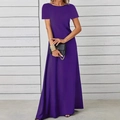Deep purple short sleeve maxi dress with round neck and elegant flowing silhouette - S / Purple