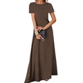 Short sleeve round neck maxi dress in coffee brown with A-line silhouette and ankle length - S / Dark Brown