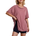 Women's oversized dusty rose pink t-shirt featuring side slits and rolled cuff sleeves - S / Pink