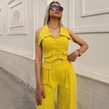 Ensemble deux pièces jaune pour femme avec gilet sans manches et pantalon large taille haute - S / Jaune