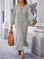 Relaxed fit light green cotton linen maxi shirt dress with long sleeves and side slits - S / Dresses / Gray