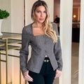 Chaqueta gris de mujer con cuello cuadrado, manga larga y tres botones, estilo casual de negocios - S / Gris