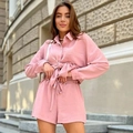 Women's two-piece set featuring pink long-sleeve lapel shirt with waist tie and loose shorts - S / Pink