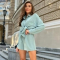 Women's casual mint green two-piece set featuring long sleeve shirt and high waist shorts - S / Light Blue