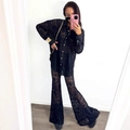 Elegant two-piece black lace set with button-up shirt and high-waisted flared trousers - Black