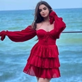 Sexy schulterfreies rotes Stufen-Minikleid mit Puffärmeln und Schnürung vorne - S / Rot