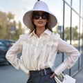 French style white ruffle long sleeve shirt with ivory linen texture for women - S / Apricot