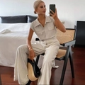 Women's cream striped sleeveless jumpsuit with lapel collar and waist belt detail - S / White