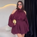 Elegant off-shoulder burgundy mini dress with floral choker and ruffled layered skirt - S / Burgundy