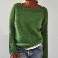 Close-up detail of soft fuzzy knit fabric on a green crewneck long sleeve sweater - Green