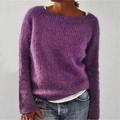 Classic purple crewneck long sleeve knit sweater with soft mohair texture for women - Purple