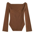 Jersey ajustado de punto acanalado caramelo con escote corazón y mangas acampanadas - S / Marrón