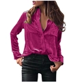 Detailed view of women's long sleeve shirt in magenta with dual chest flap pockets - Camellia Red