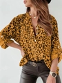 Detail of leopard print shirt featuring V-neckline, roll-up sleeves and button closure - S / Yellow Leopard