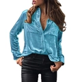 Detailed view of long-sleeved light blue corduroy shirt with pockets and lapel collar - Light Blue