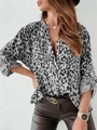 Detail view of leopard print shirt with V-neck collar and white button accents - S / Silver Leopard Print