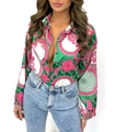Detailed view of long sleeve satin shirt with baroque print in pink and green color - S / Pink