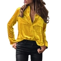 Detail of yellow velvet long-sleeved shirt with double chest pockets and V-neckline - Yellow