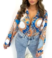 Detail of colorful baroque print shirt with turnover collar and buttons on long sleeves - S / Blue