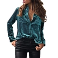 Women's vintage dark teal velvet long sleeve shirt with double pockets in a side view - S / Teal