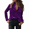 Detail of purple velvet long sleeve shirt with chest pockets and glossy fabric texture - S / Purple
