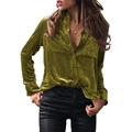 Close-up of olive green velvet long sleeve shirt with front pockets and buttons - Grass Green