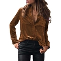 Close-up of bronze long-sleeve satin shirt with dual flap chest pockets and lapel collar - Coffee