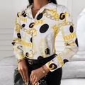 Elegantes weißes Damenhemd mit Langarm, Goldketten-Print und schwarzen Punkten - Weiße Gelbe Kette