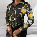Elegante camisa negra de manga larga con estampados barrocos dorados y botones - S / Cadena Oro Negra Barroca