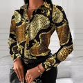 Elegant long sleeve blouse with golden baroque prints and animal textures for women - Gold Leopard Baroque